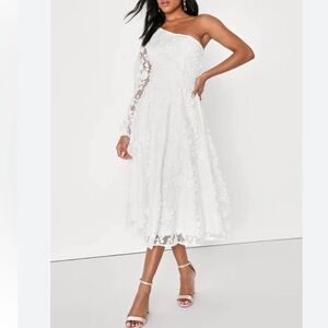 Lulu's White One-Shoulder Lace Midi Wedding Dress